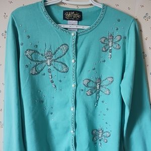 BOB MACKIE Wearable Art woman's persian green beaded cardigan Size M